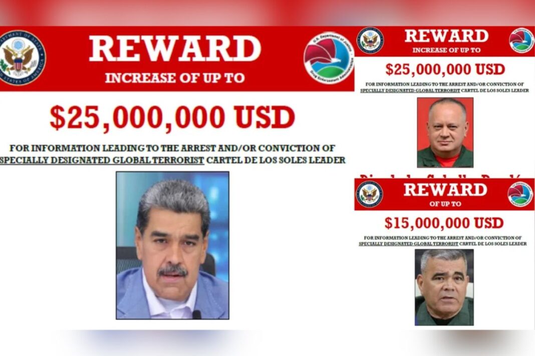 Estados Unidos ofrece recompensa de US$25 millones por Maduro y Cabello, y US$15 millones por Padrino López: 