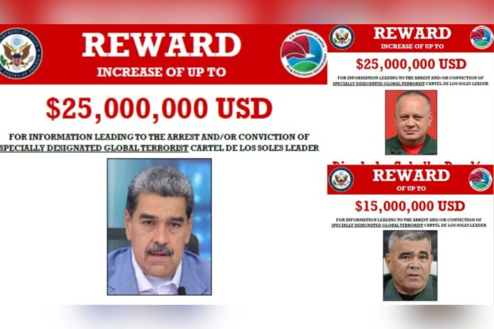 Estados Unidos ofrece recompensa de US$25 millones por Maduro y Cabello, y US$15 millones por Padrino López: «Ayúdanos a derrotar a Maduro y sus compinches» Estados Unidos ofrece recompensa de US$25 millones por Maduro y Cabello, y US$15 millones por Padrino López: "Ayúdanos a derrotar a Maduro y sus compinches"